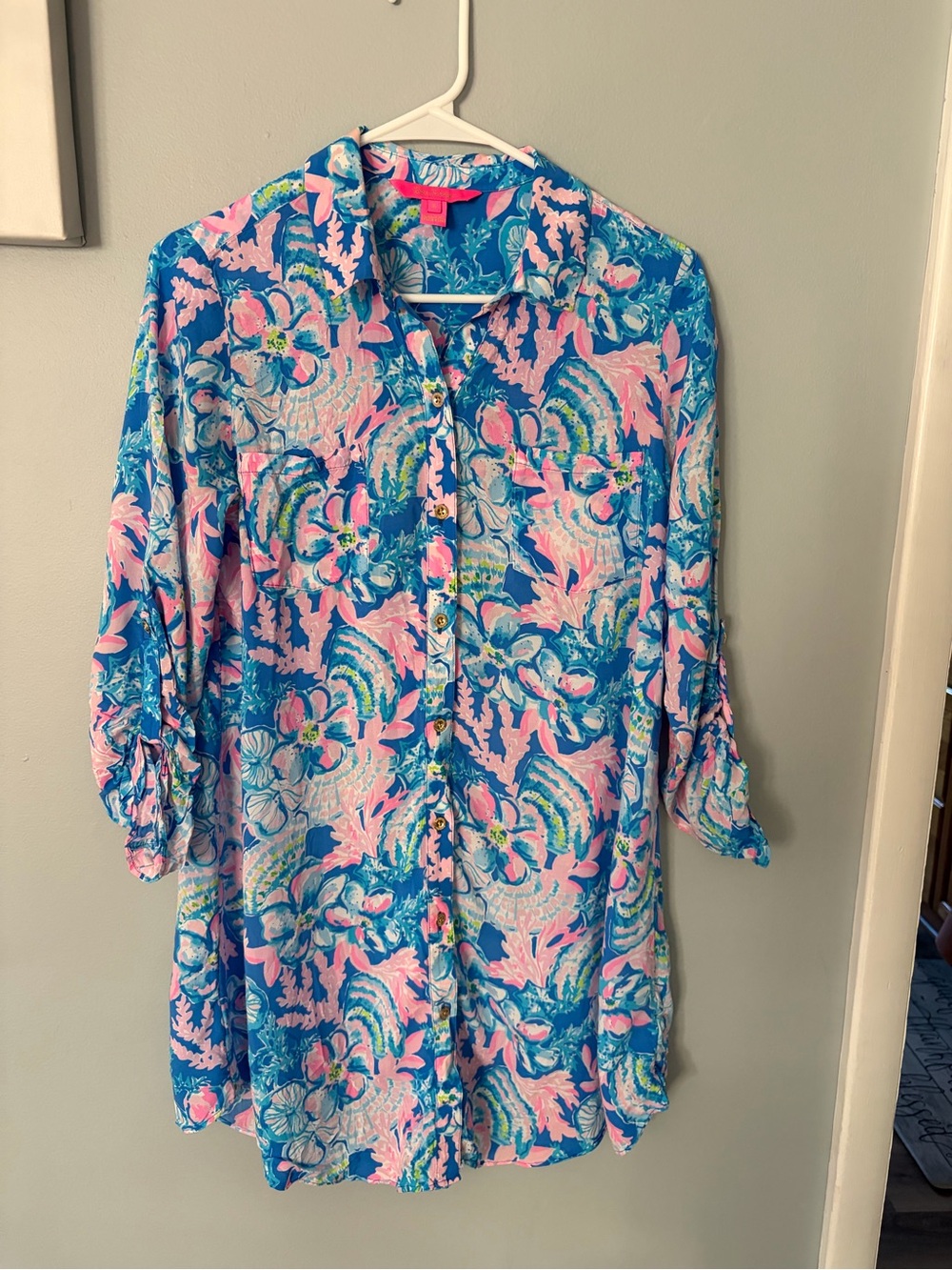 Lilly Pulitzer Natalie Shirtdress Swim Cover-Up Tunic Blue Pink - Size S